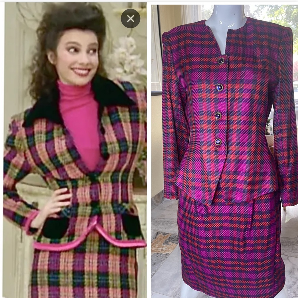 Kasper Skirt Suit Chanel Like Checkered Plaid Purple Red Vintage